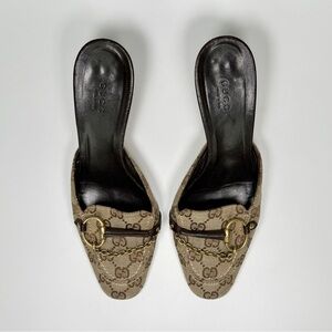 Vintage Gucci Monogram Horsebit Mule Heels in Beige / Brown / Gold size 7b